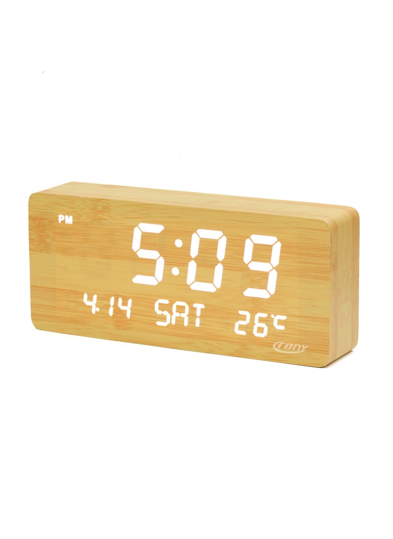 Crony 1501 LED Perpetual Calendar Week Wooden Alarm Clock Thermometer Weekday Alarm Clock  - Image 1