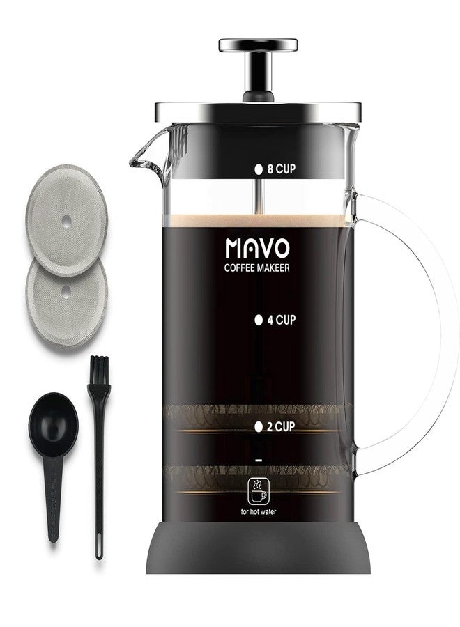 MAVO French Press Coffee Maker Stainless Steel Cold Brew Heat Resistant Glass Coffee & Tea Maker with 2 Filter (1000ml/34oz) - Image 1