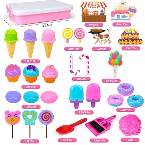 Hymaz Play Sand Kit for Girls Ice Cream Sensory Bin Sandbox Creative Bake Shop with 22lbs Magic Sand Ice Cream  Cake Models Cleaning Tools Pretend Beach Cake Stand Toys Gift for Toddler Ages 38 - Image 5