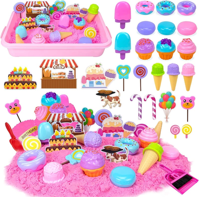 Hymaz Play Sand Kit for Girls Ice Cream Sensory Bin Sandbox Creative Bake Shop with 22lbs Magic Sand Ice Cream  Cake Models Cleaning Tools Pretend Beach Cake Stand Toys Gift for Toddler Ages 38 - Image 2