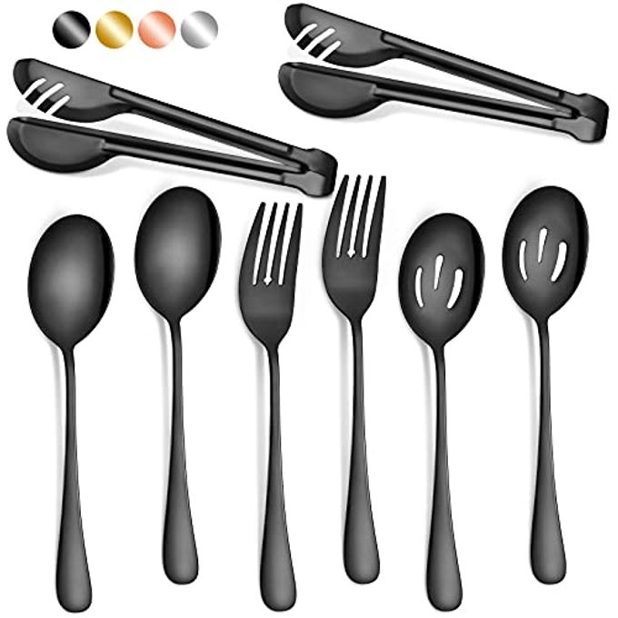 Patelai 8 Pcs Black Stainless Steel Serving Utensils Set 8.7" Large Spoons and Slotted Spoon 9.45" Tong 9" Forks Flatware Wedding Party Restaurant Cooking Kitchen Holiday Buffet Banquet Catering Hotel - Image 1
