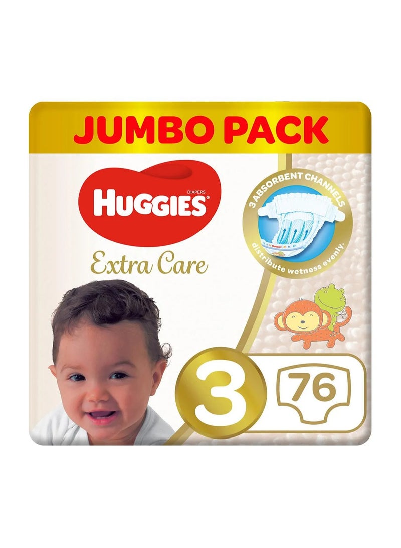 Huggies Extra Care Tape Stye Diapers, 76 Pieces Jumbo Pack, Size 3, 4-9kg - 12h Protection, Dermatologist Approved, Breathable