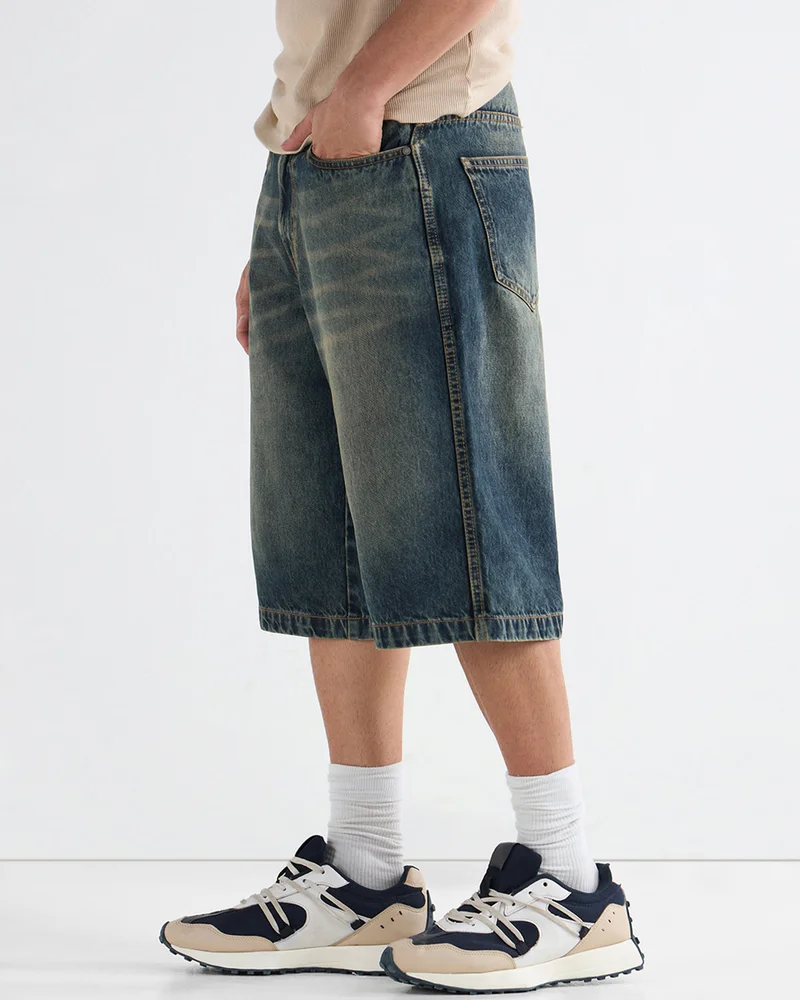 bewakoof Men's Dark Blue Washed Baggy Fit Shorts