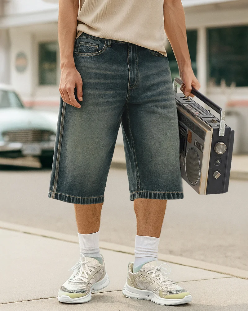 bewakoof Men's Dark Blue Washed Baggy Fit Shorts