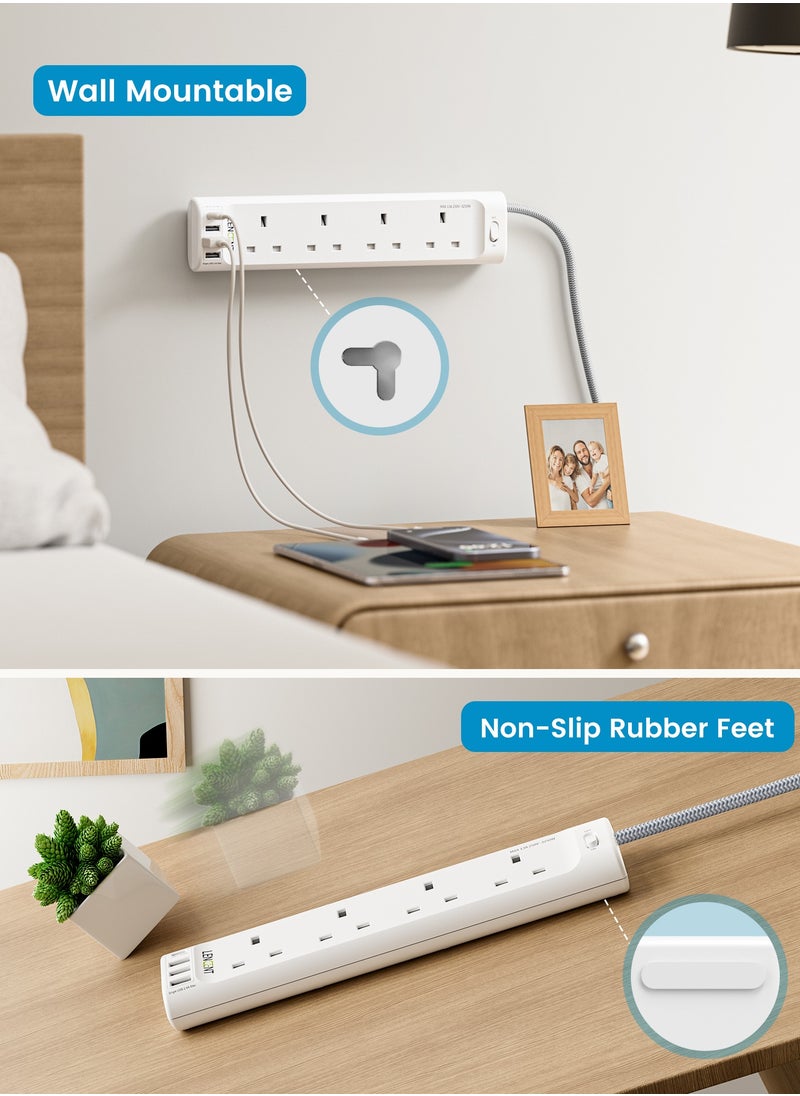 لينسينت شرائح الطاقة سلك تمديد 3 منافذ مقبس طاقة مع 3 منافذ USB-A و1 USB-C، توصيلات كهربائية مع سلك تمديد مجدول 5 أمتار للمكتب المنزلي، 3250 وات 13 أمبير  - Image 4