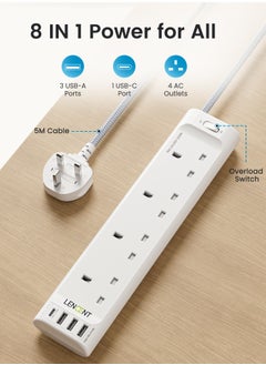 لينسينت شرائح الطاقة سلك تمديد 3 منافذ مقبس طاقة مع 3 منافذ USB-A و1 USB-C، توصيلات كهربائية مع سلك تمديد مجدول 5 أمتار للمكتب المنزلي، 3250 وات 13 أمبير  - Image 1