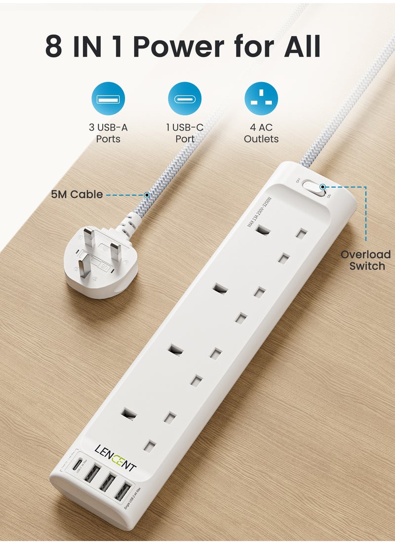 لينسينت شرائح الطاقة سلك تمديد 3 منافذ مقبس طاقة مع 3 منافذ USB-A و1 USB-C، توصيلات كهربائية مع سلك تمديد مجدول 5 أمتار للمكتب المنزلي، 3250 وات 13 أمبير  - Image 1