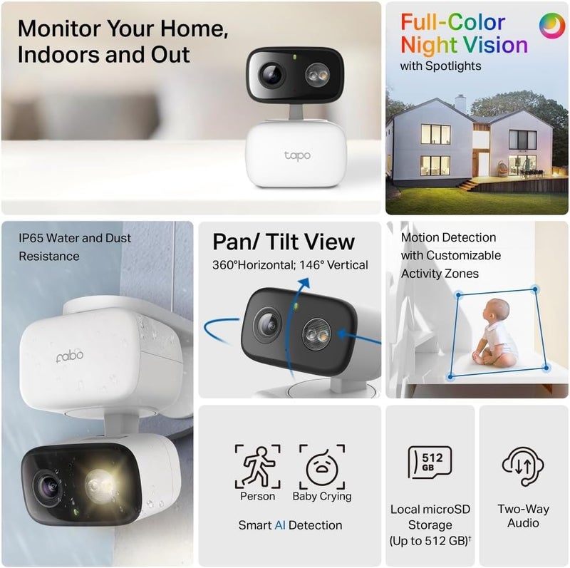 تابو كاميرا مراقبة TP-Link Tapo C206 Mini بدقة 1080P وتغطية 360° للاستخدام داخليًا وخارجيًا، مع تقنية الذكاء الاصطناعي للكشف والإشعارات، ودعم لبطاقات الذاكرة من نوع MicroSD سعة حتى 512 جيجابايت، أبعادها 105.3×77.8×69.8 مم - Image 2