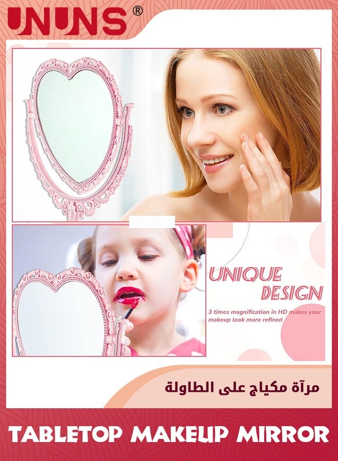UNUNS مرآة مكياج، مرآة مكياج مكبرة على سطح الطاولة، مرآة مكياج مكبرة مزدوجة الجوانب، مرآة مستحضرات تجميل جميلة على شكل قلب مع دوران 360 درجة، مرآة غرفة نوم الحمام على شكل قلب وردي  - Image 3