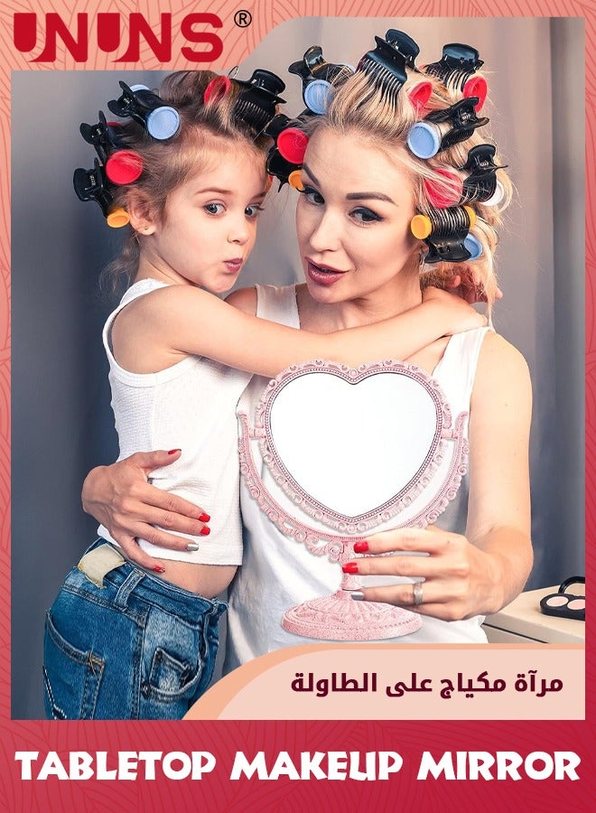 UNUNS مرآة مكياج، مرآة مكياج مكبرة على سطح الطاولة، مرآة مكياج مكبرة مزدوجة الجوانب، مرآة مستحضرات تجميل جميلة على شكل قلب مع دوران 360 درجة، مرآة غرفة نوم الحمام على شكل قلب وردي  - Image 5