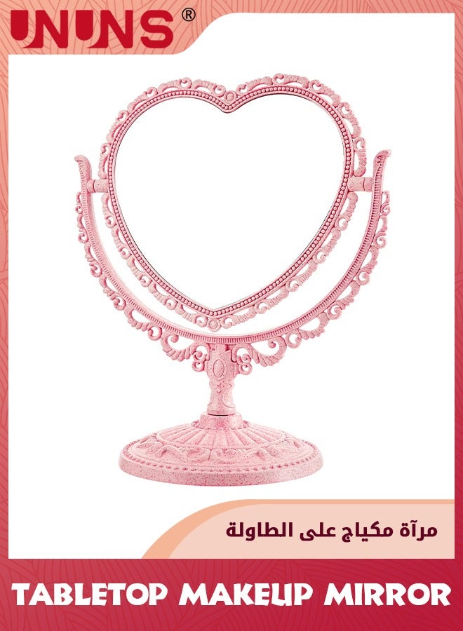 UNUNS مرآة مكياج، مرآة مكياج مكبرة على سطح الطاولة، مرآة مكياج مكبرة مزدوجة الجوانب، مرآة مستحضرات تجميل جميلة على شكل قلب مع دوران 360 درجة، مرآة غرفة نوم الحمام على شكل قلب وردي  - Image 1