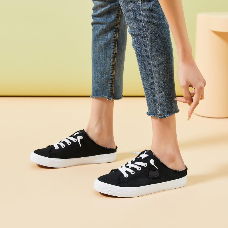 BENPAO Womens Canvas Mules White Slip on Fashion Sneakers Black Loafers Comfortable Casual Shoes for Women(Black,US9.5) - Image 3