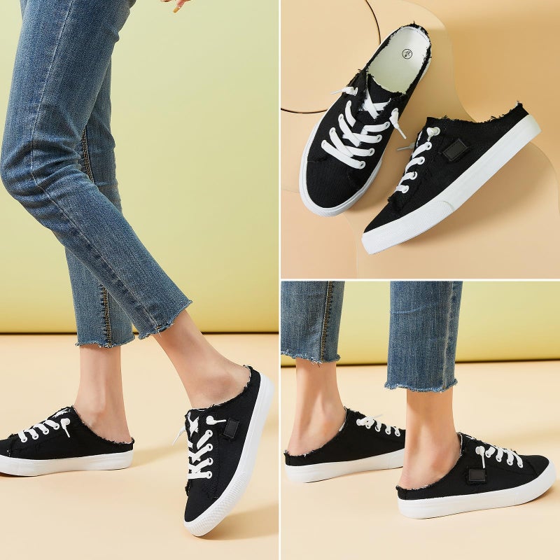 BENPAO Womens Canvas Mules White Slip on Fashion Sneakers Black Loafers Comfortable Casual Shoes for Women(Black,US9.5) - Image 2
