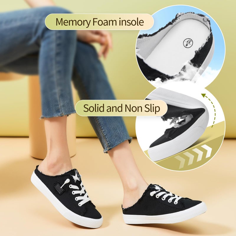 BENPAO Womens Canvas Mules White Slip on Fashion Sneakers Black Loafers Comfortable Casual Shoes for Women(Black,US9.5) - Image 5