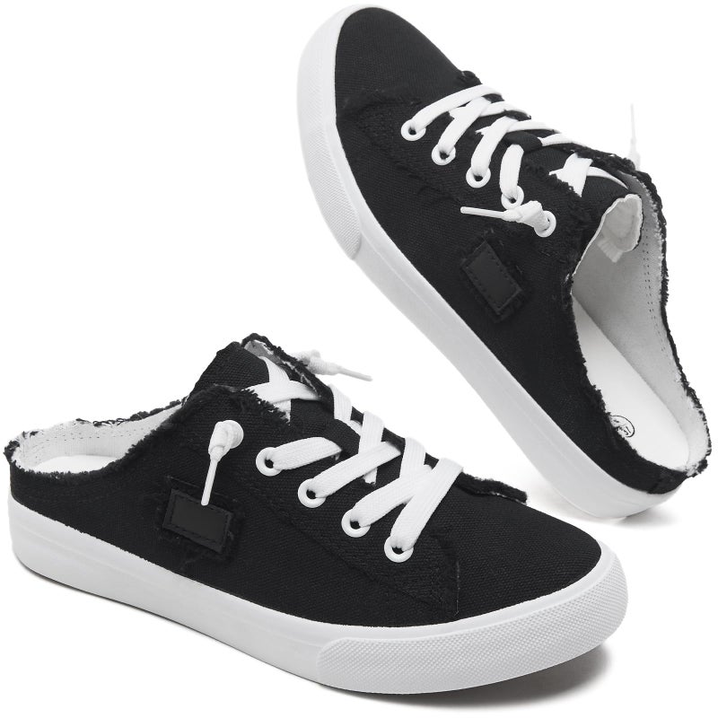 BENPAO Womens Canvas Mules White Slip on Fashion Sneakers Black Loafers Comfortable Casual Shoes for Women(Black,US9.5) - Image 1