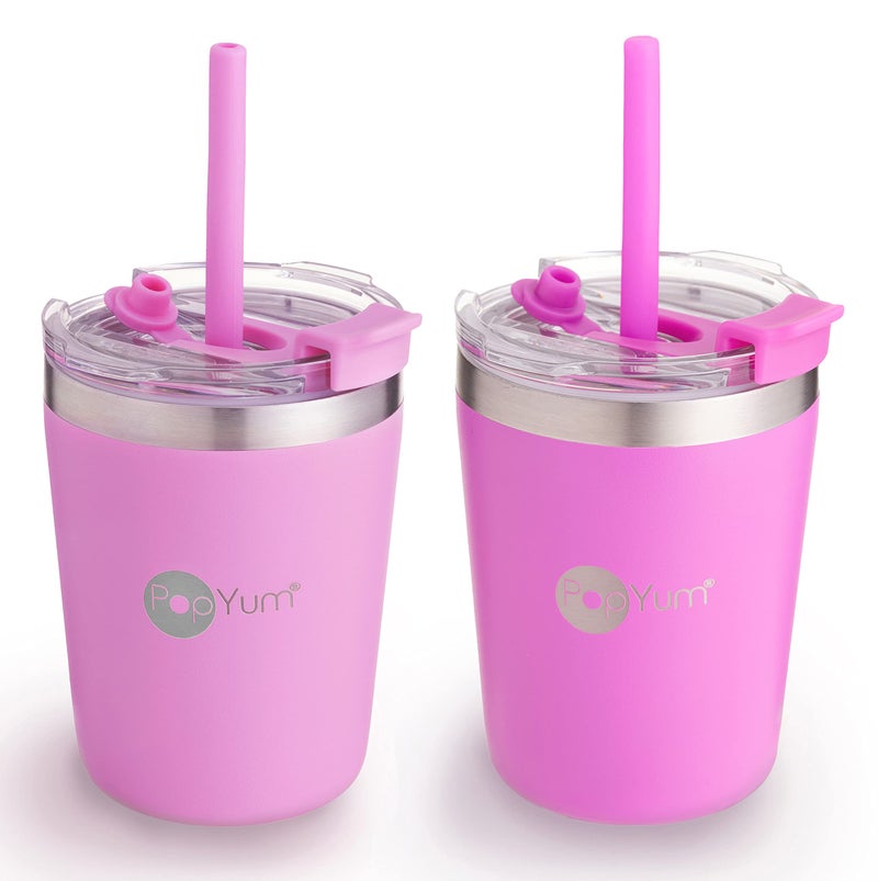 PopYum 9oz Insulated Stainless Steel Kidsâ€™ Cups with Lid and Straw, 2-Pack, Purple, Pink, stackable, sippy, baby, child, toddler, tumbler, double wall, vacuum, leak proof - Image 1