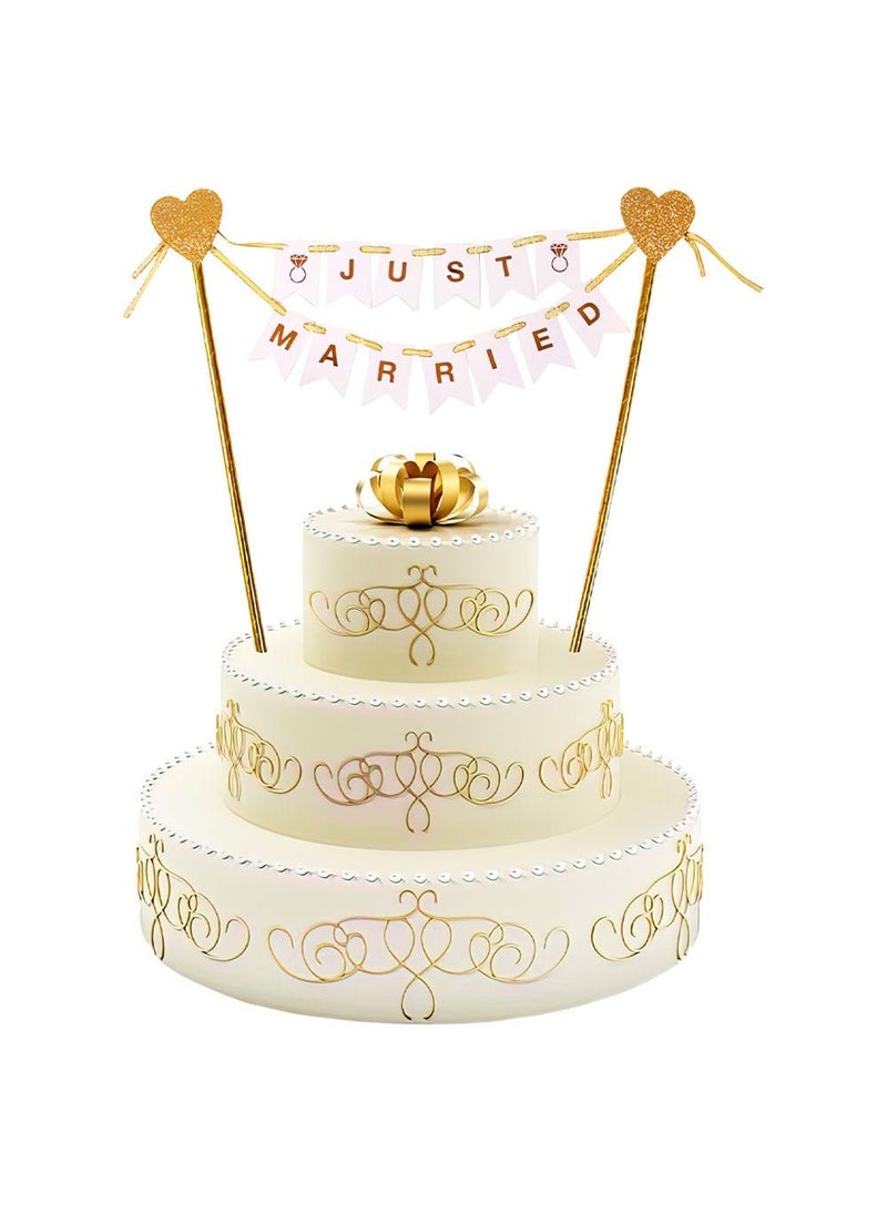 GODAN Just Married Wedding Flag Cake Decoration White Gold Paper 25cm - Image 1
