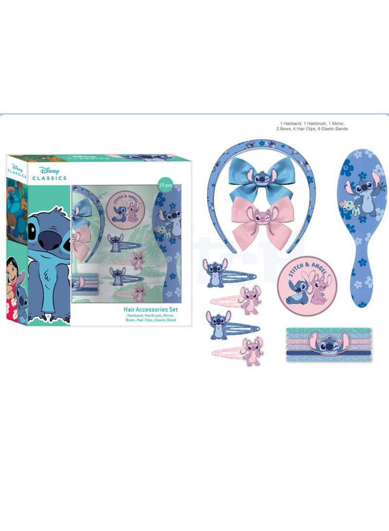 Disney Stitch & Angel Hair Accessories Set for Girls – 15 PCS | Hairband, Hairbrush, Mirror, Bows, Hair Clips & Elastic Bands | Kids Styling & Gift Set