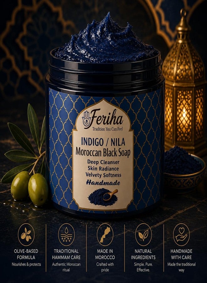 FERIHA Traditional Moroccan Black Soap with Moroccan Indigo (Nila – Olive-Based Authentic Beldi Hammam Soap for Deep Cleansing & Exfoliation – Crafted in Morocco – 7 oz - Image 2