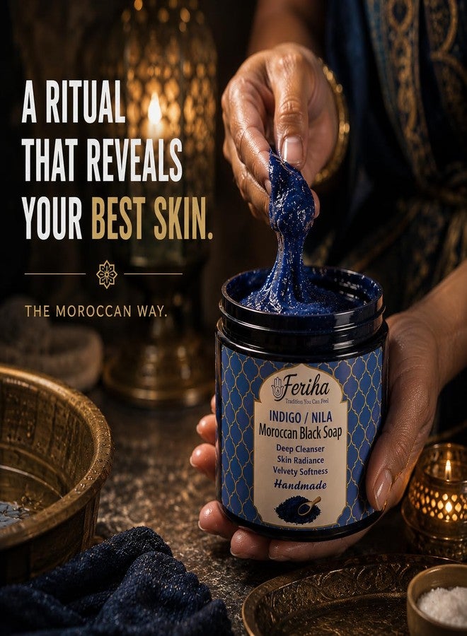 FERIHA Traditional Moroccan Black Soap with Moroccan Indigo (Nila – Olive-Based Authentic Beldi Hammam Soap for Deep Cleansing & Exfoliation – Crafted in Morocco – 7 oz - Image 3