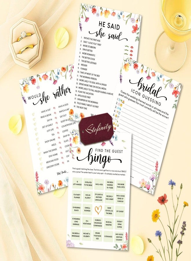STOFINITY Hilarious Bridal Shower Games 30 Guests - Wedding Games for Reception Decorations, Funny Find The Guest Bingo Game, He Said She Said Would She Rather Wildflower Bridal Shower Decorations - Image 1