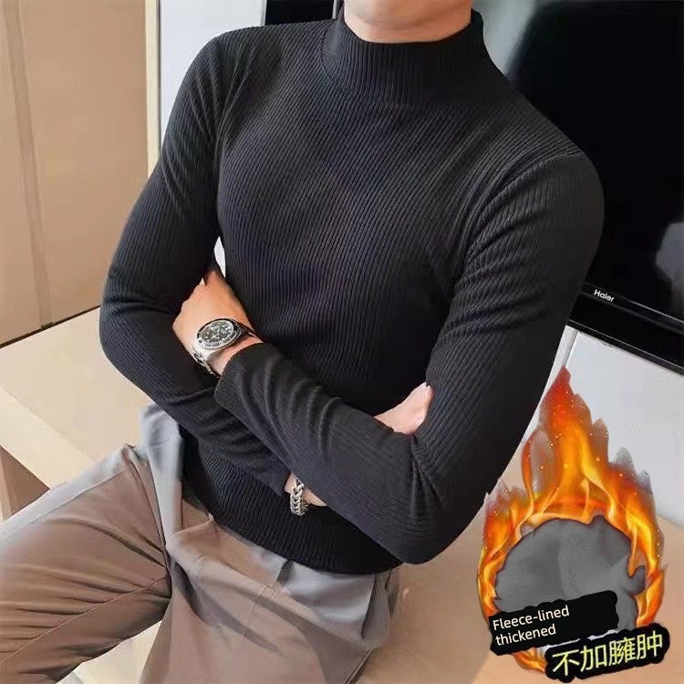 2025 autumn new half-turtleneck base shirt men's long-sleeved autumn clothes versatile striped slim-fit top inner T-shirt - Image 2