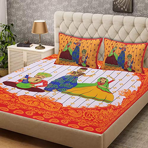 EarlyMart 144 TC Cotton Comfort Rajasthani Jaipuri Traditional Floral Pattern King Size Double Bed Bedsheet with 2 Pillow Covers, Multicolor - Image 1