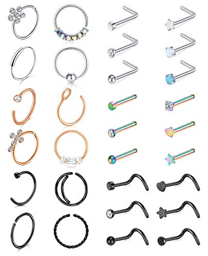 Mayhoop 20g Nose Rings Hoops And Studs For Women Men - Hypoallergenic 316L Surgical Stainless Steel L Shape Nose Screw Bone Silver Rose Gold Black Rainbow Pack 28Pcs - Image 4
