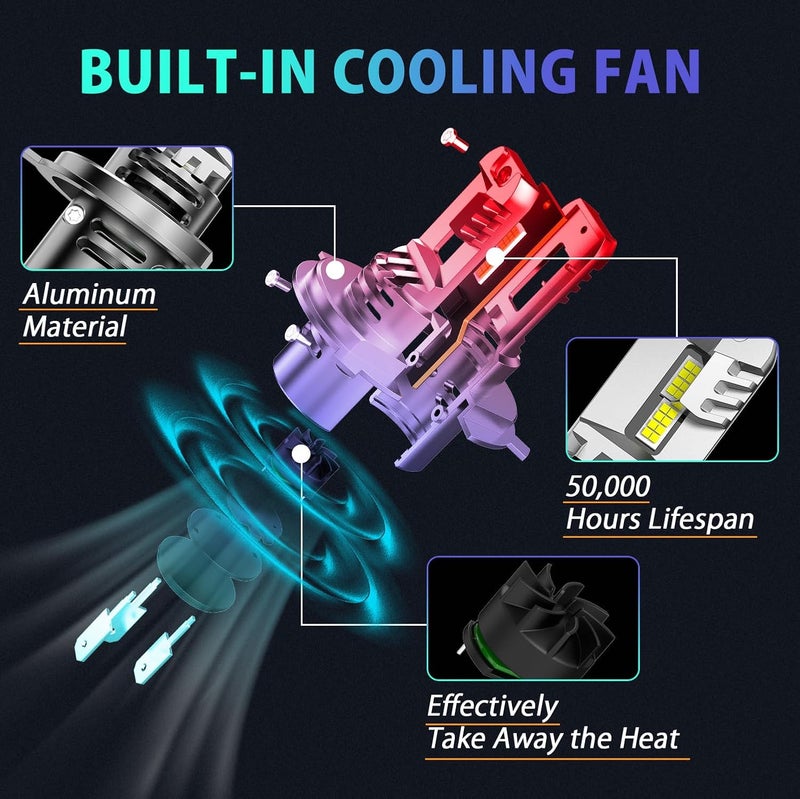 دي زد جي مصابيح LED أمامية H4 9003 HB2 بقوة 25 واط، لون أبيض بارد 6000K، مدمجة مع مروحة تبريد، قابلة للتركيب المباشر للشعاع العالي والمنخفض، عبوة من 2 قطعة - Image 3
