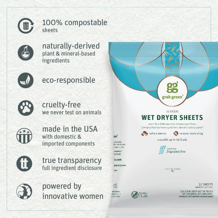 Grab Green Wet Dryer Sheets, 96 Count, Fragrance Free, Plant Based, Softens Fabrics, Reduces Static Cling and Wrinkles - Image 2