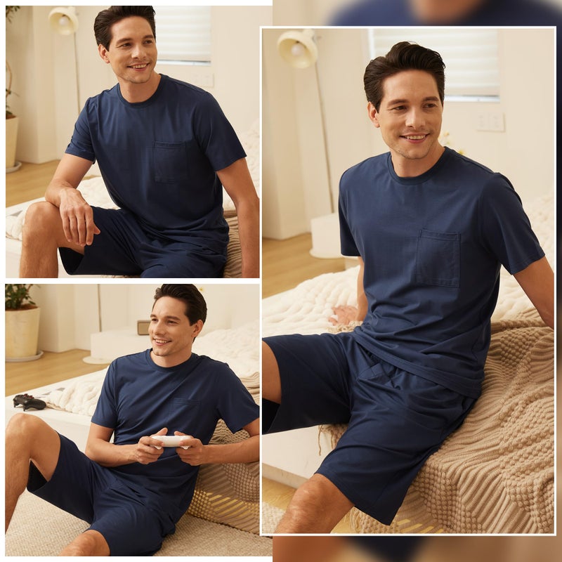 BAMBOO COOL Mens Pajama Set Sleepwear Pjs Lightweight Short Sleeve Shirts Soft Breathable Fresh Sleep Sets with Pockets S-3XL A-blue - Image 2