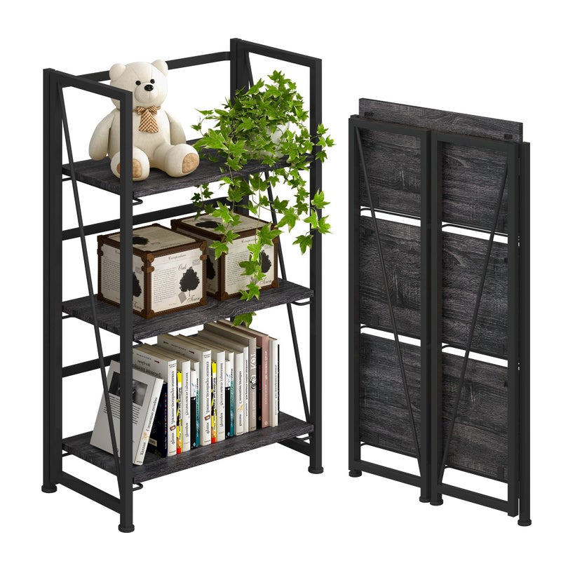 4NM NoAssembly Folding Bookshelf Storage Shelves 3 Tiers Vintage Bookcase Standing Racks Study Organizer Home Office Gray and Black