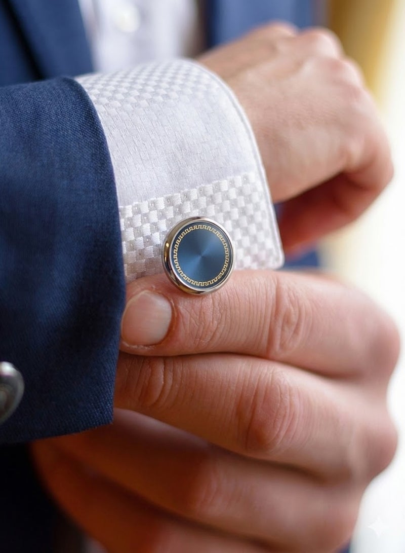 FIORICASA Men’s Blue Sunburst Copper Cufflinks – Premium Round Design for Business & Formal Wear - Image 3