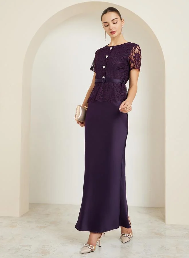 Styli  Purple Lace Buttoned Satin Maxi Dress for Women | Best Price UAE
