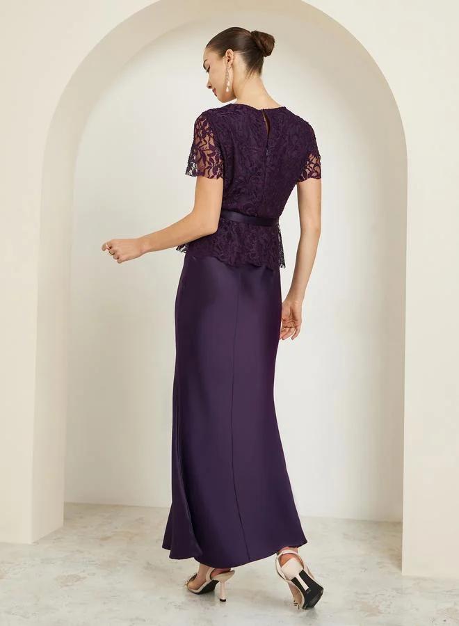 Styli  Purple Lace Buttoned Satin Maxi Dress for Women | Best Price UAE
