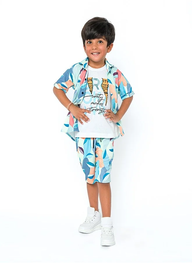 babyqlo Abstract pattern three-piece set for boys - shirt, t-shirt, shorts