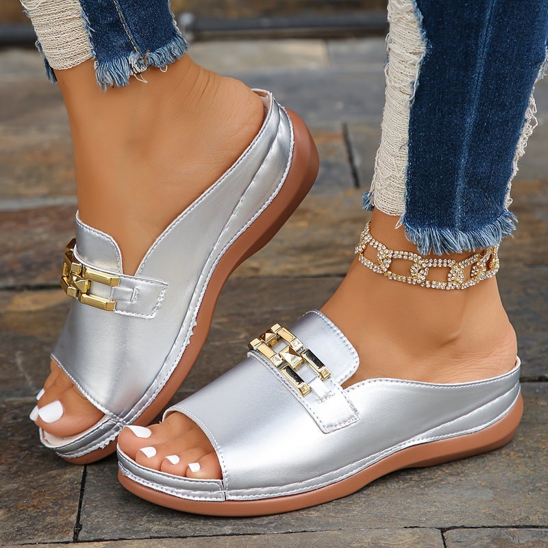 [Pink Slope-Heel Sandals] Pink Plus Size Thick-Soled Sandals - Image 1