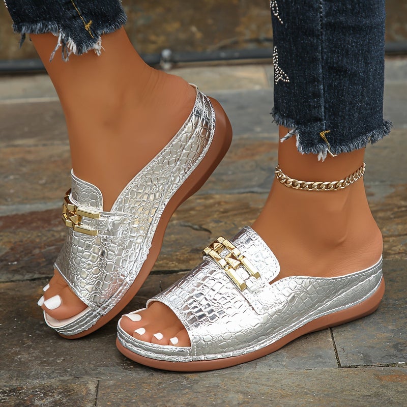 [Pink Slope-Heel Sandals] Pink Plus Size Thick-Soled Sandals - Image 3