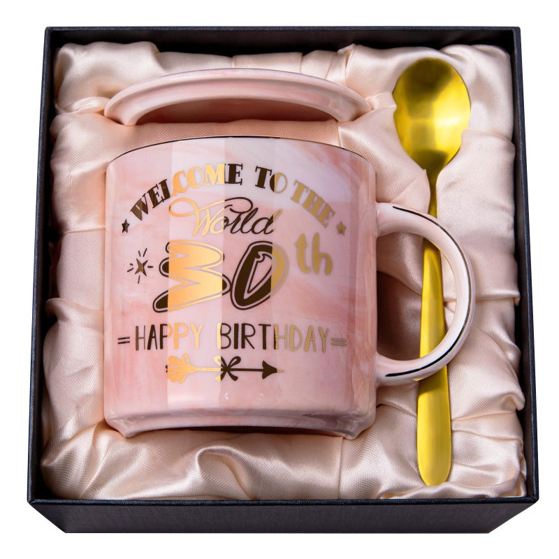 Biching 30th Birthday Gifts for Women, Unique Happy 30 Year Old Birthday Gifts Ideas for Women, Wife, Mom, Daughter, Sister, Aunt, Best Friends, BFF, 14Oz Fabulous Pink Marble Mug with Gold Pattern, Gift Box - Image 1