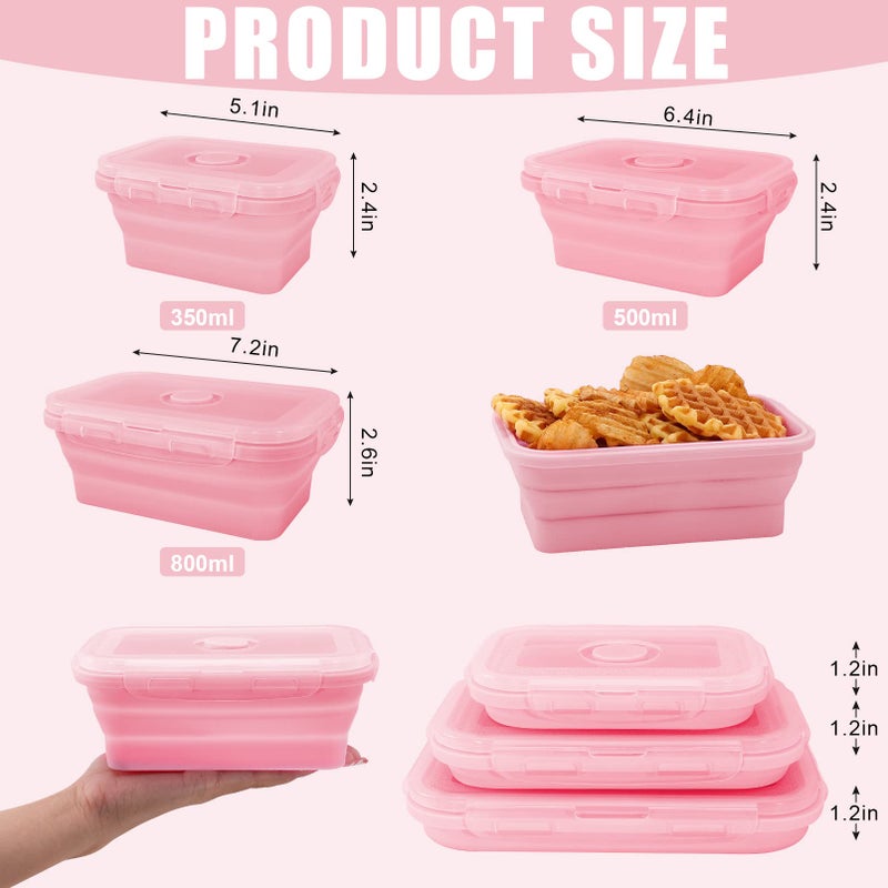 Loccmat Collapsible Silicone Food Storage Containers with Lids Set of 3 Silicone Lunch Box Containers Foldable Meal Prep Container for Kitchen Microwave & Dishwasher & Freezer Safe BPA Free(Square Pink 3PCS) - Image 2