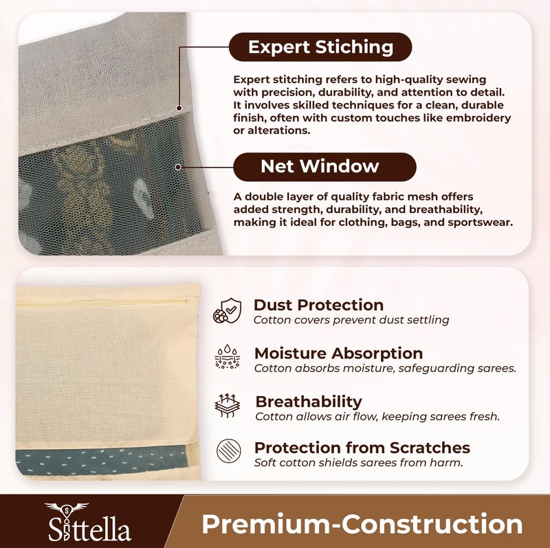 SITTELLA Pack Of 5 Cotton Saree Clothes BagsCoversPoches For Storage With Zip Closure 16 X 14 Inches Beige - Image 4