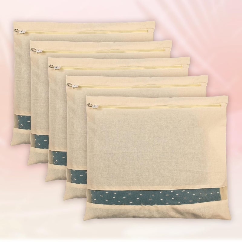 SITTELLA Pack Of 5 Cotton Saree Clothes BagsCoversPoches For Storage With Zip Closure 16 X 14 Inches Beige - Image 1