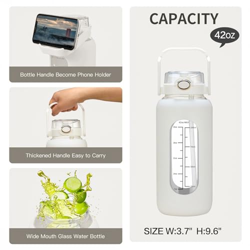 chunmo 42oz/52oz/64oz Glass Water Bolttles with Straw Half Gallon Large Motivational Water Bottle with Time Marker Sports Water Bottles with Silicone Sleeve and Handle Lid Water Jug for Gym Workout - Image 3