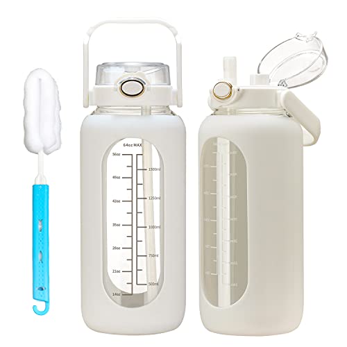 chunmo 42oz/52oz/64oz Glass Water Bolttles with Straw Half Gallon Large Motivational Water Bottle with Time Marker Sports Water Bottles with Silicone Sleeve and Handle Lid Water Jug for Gym Workout - Image 1