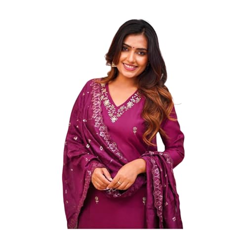 Shiv Textiles Women's Chanderi Silk Embroidered Kurta Pant Dupatta Set(JDA-ZARANA-Wine-XL) - Image 1