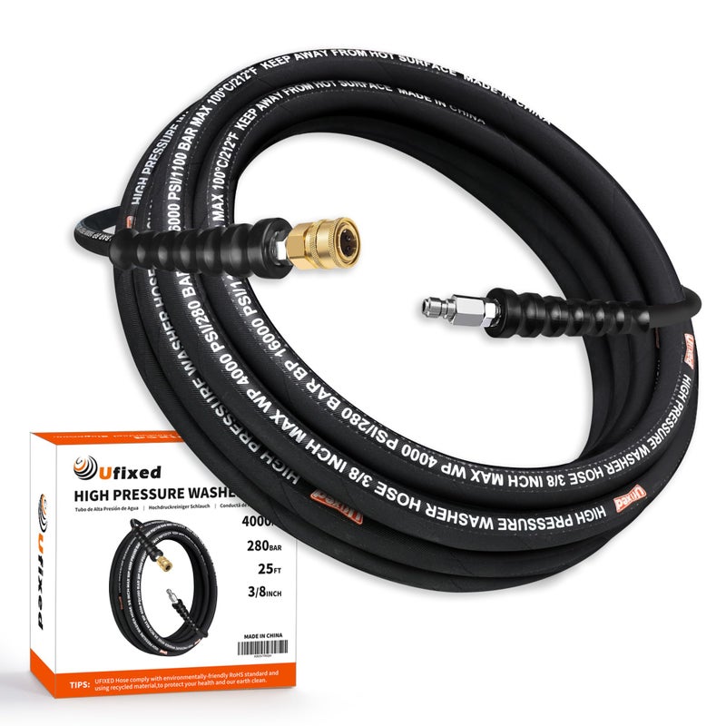 Ufixed 3/8â€ Pressure Washer Hose 25FT 4000psi,Rubber Hose,Quick Connect,360Â° Swivel,Kink-resistant,Heavy Duty,Black - Image 1