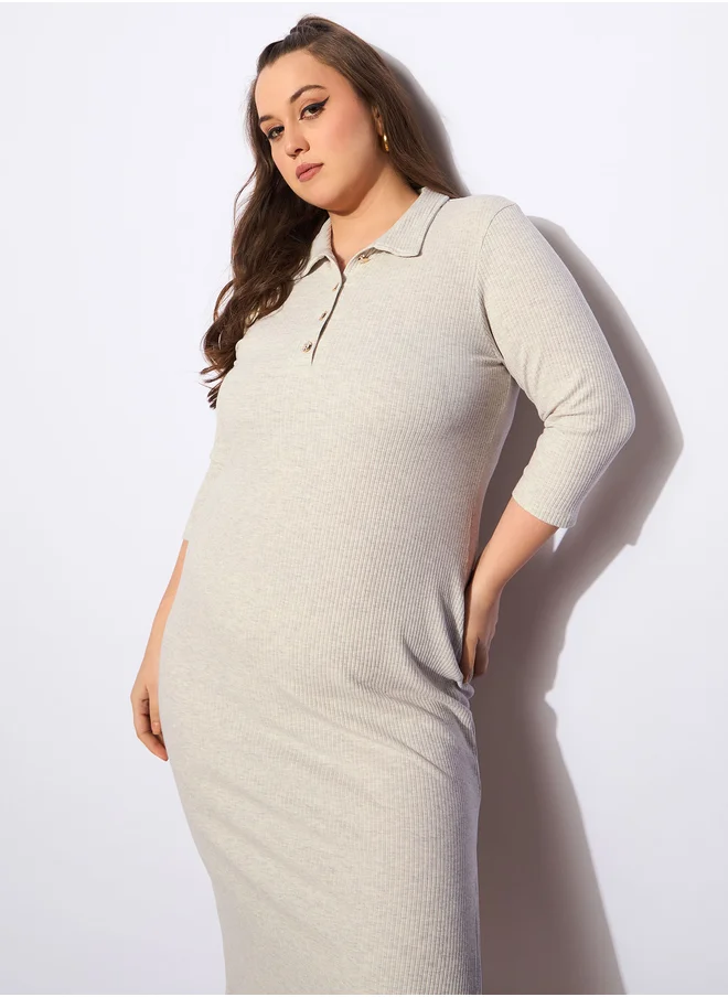 ساسافراس Plus Size Melange Front Button Midi Dress