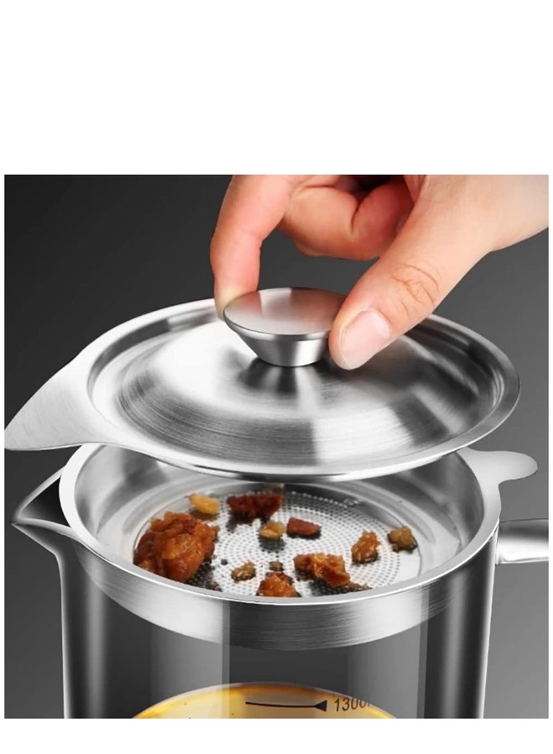 KASTWAVE وعاء زجاجي للدهون سعة 1.5 لتر/50 أونصة مع مصفاة، علبة تخزين زيت الطهي مع فلتر شبكي ناعم ومقياس، غطاء ومقبض سهل الإمساك، فاصل دهون لتخزين الدهون، زيت القلي ودهون الطهي - Image 3