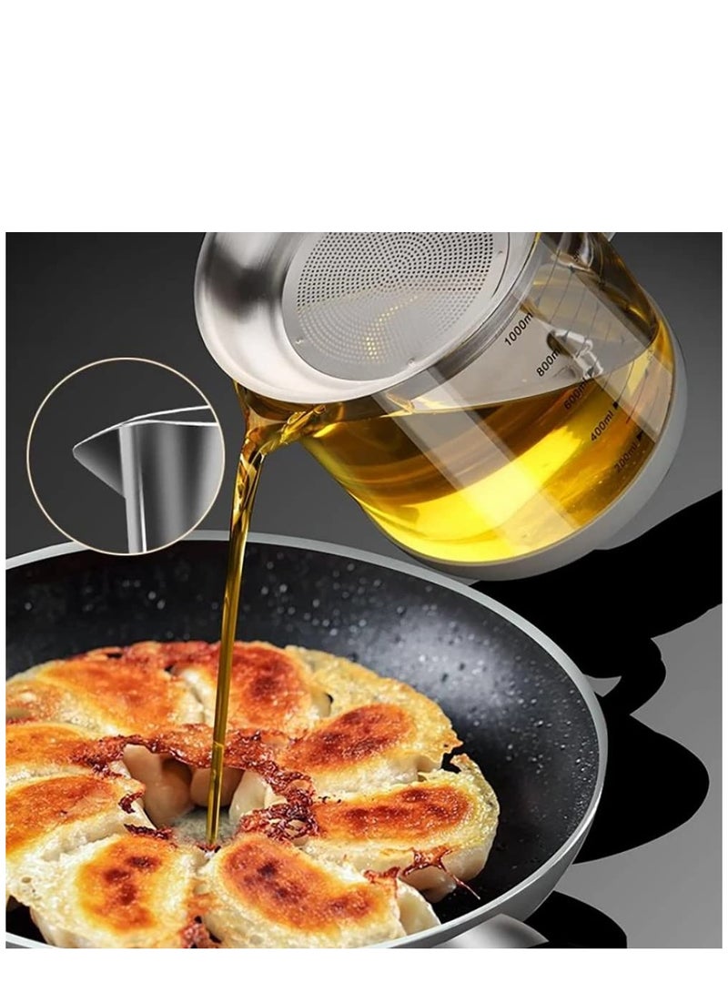 KASTWAVE وعاء زجاجي للدهون سعة 1.5 لتر/50 أونصة مع مصفاة، علبة تخزين زيت الطهي مع فلتر شبكي ناعم ومقياس، غطاء ومقبض سهل الإمساك، فاصل دهون لتخزين الدهون، زيت القلي ودهون الطهي - Image 2
