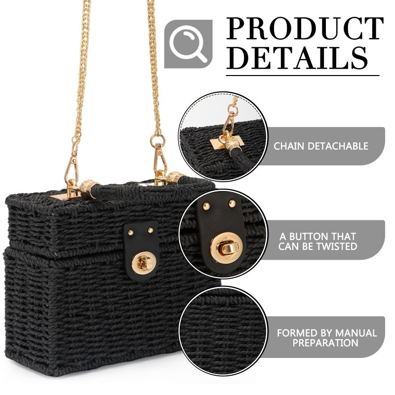 Fecialy Women Handwoven Rattan Handbag Beach Straw Tote Bag Square Boho Crossbody Bag,Black - Image 4